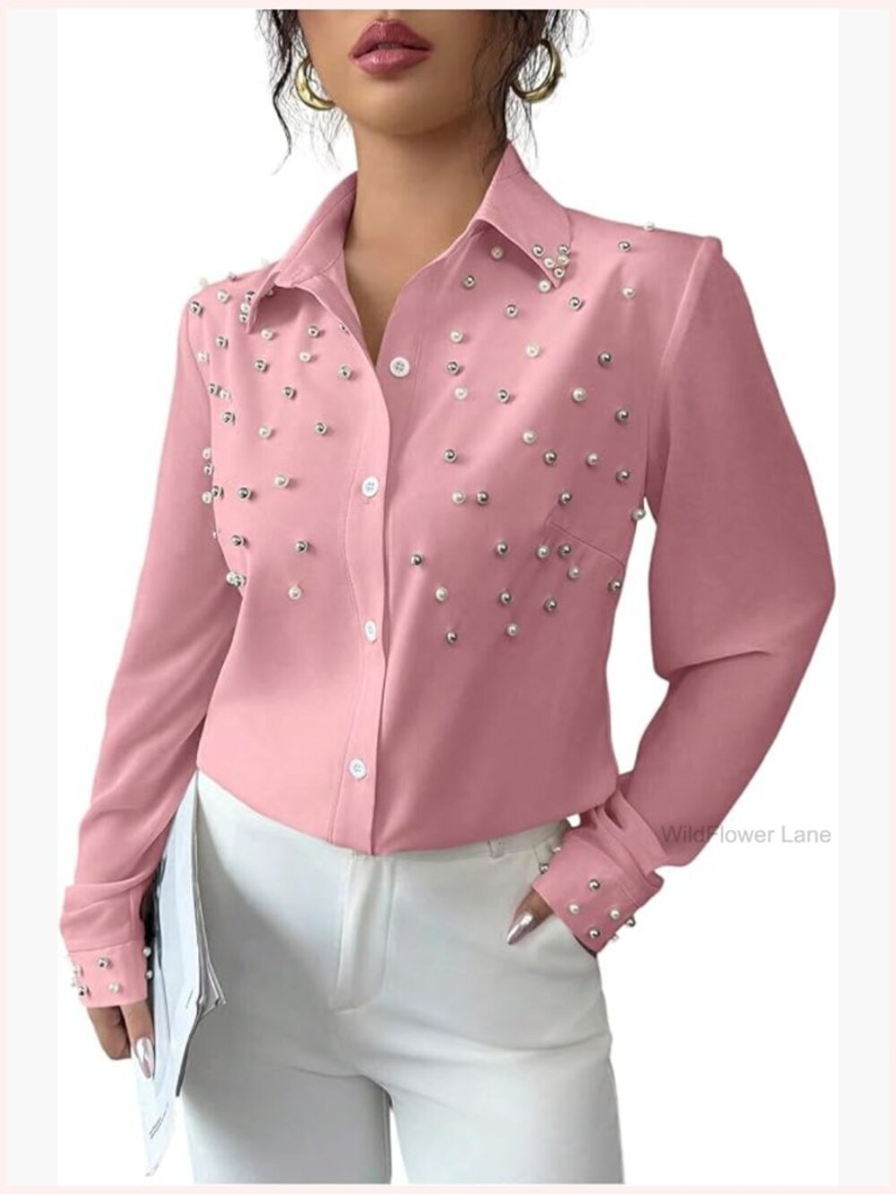 Pearl Beaded Button Down Long Sleeve Blouse Work Office Top